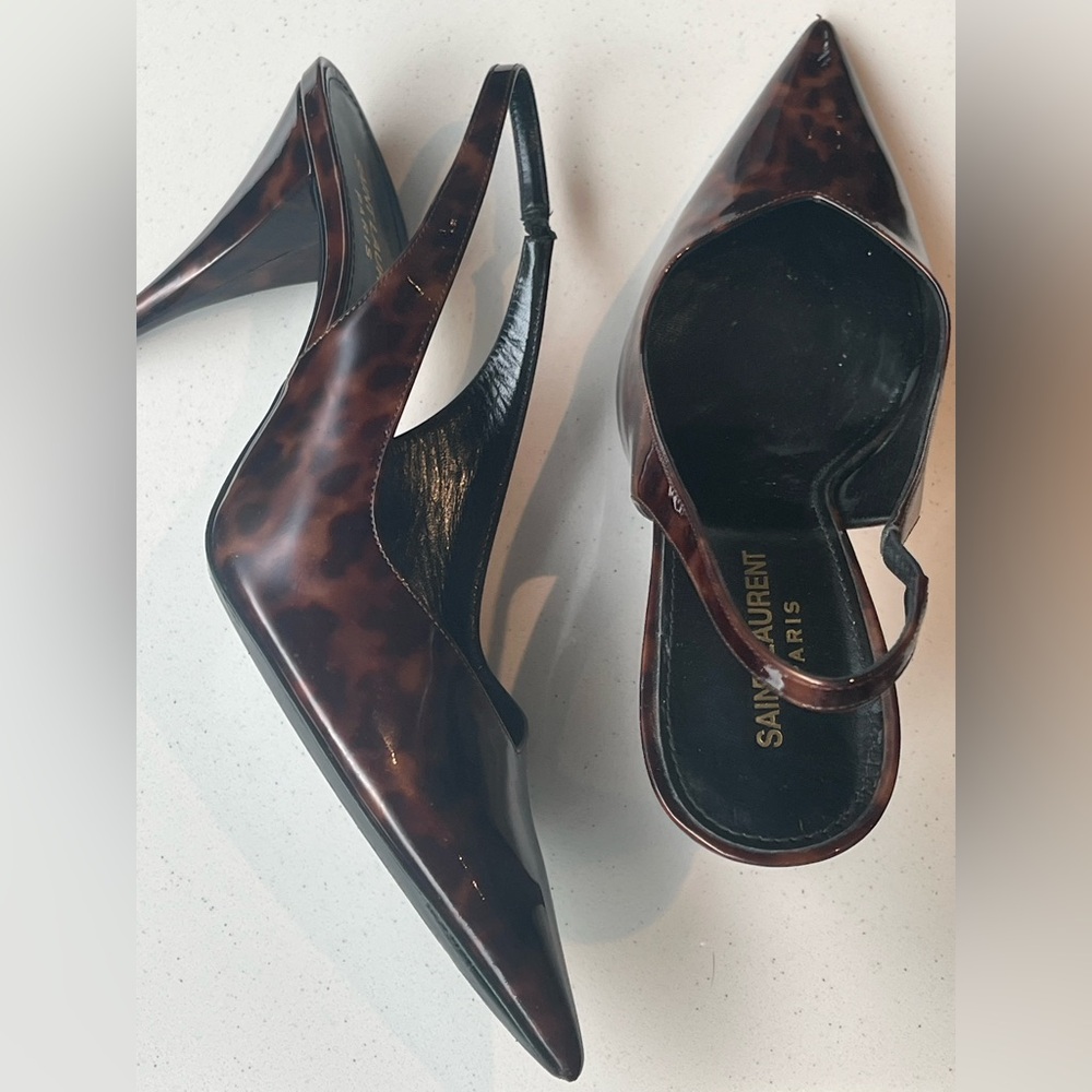Saint Laurent Kiki 85 mm Tortoise Patent Slingback Pumps